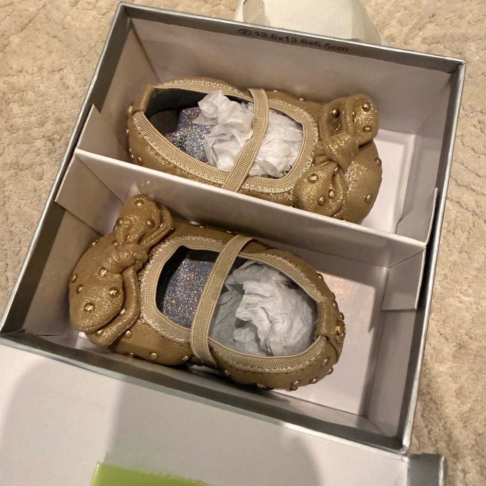 Stuart Weitzman Gold Baby Dress Shoes with Bow